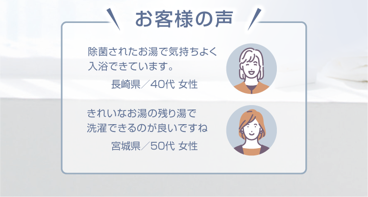 お客様の声「長崎県／40代 女性　除菌されたお湯で気持ちよく入浴できています。」「宮城県／50代 女性　きれいなお湯の残り湯で洗濯できるのが良いですね」